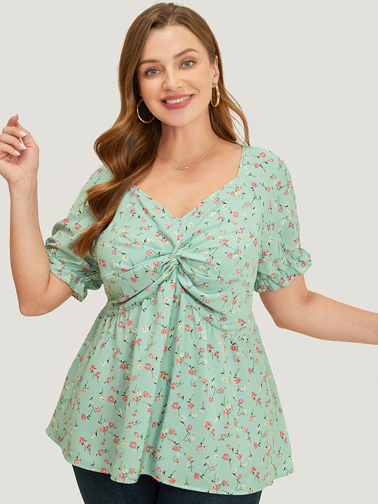 Ditsy Floral Twist Front Puff Sleeve Blouse