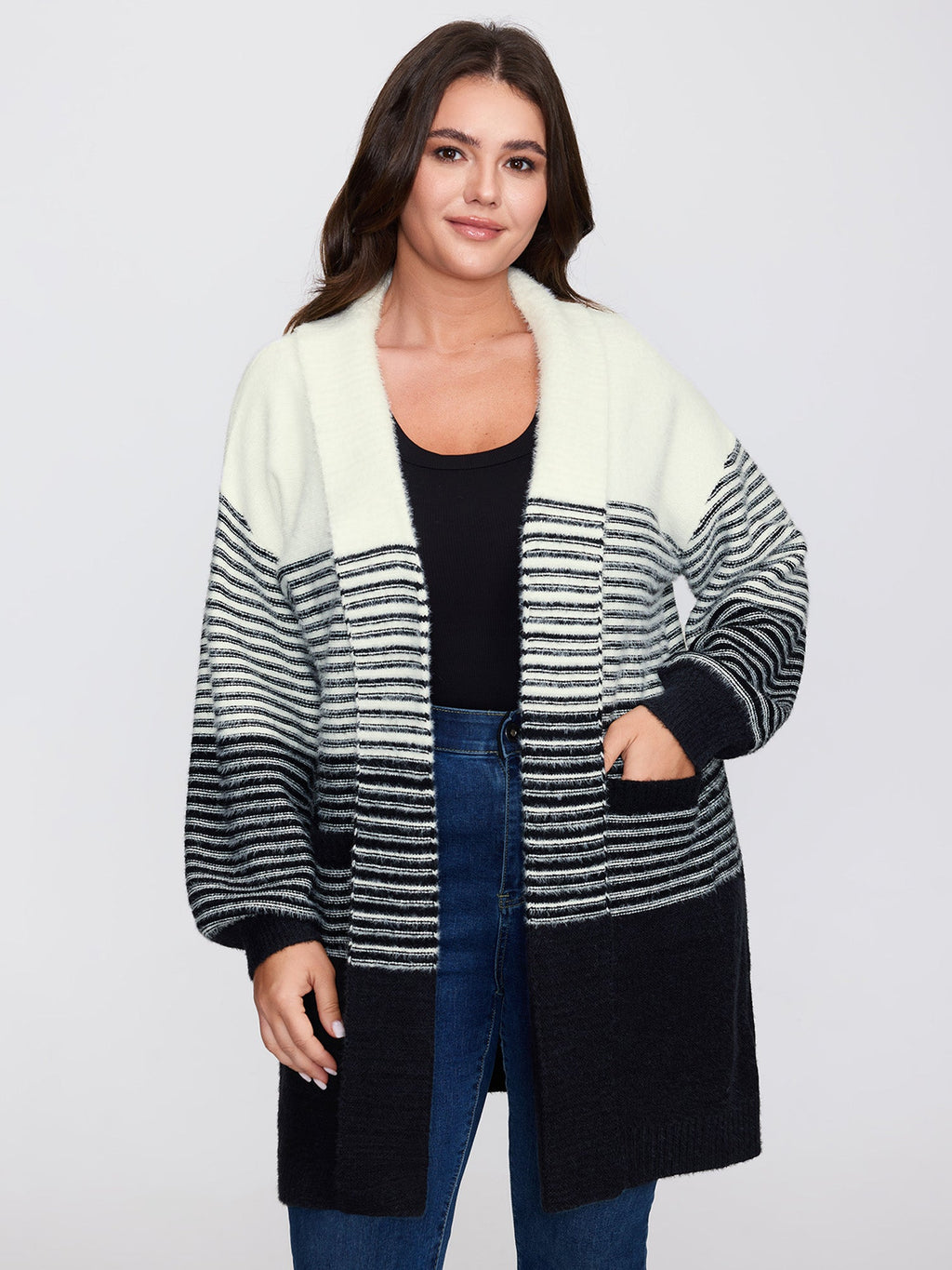 Colorblock Pockets Folded Collar Knit Cardigan
