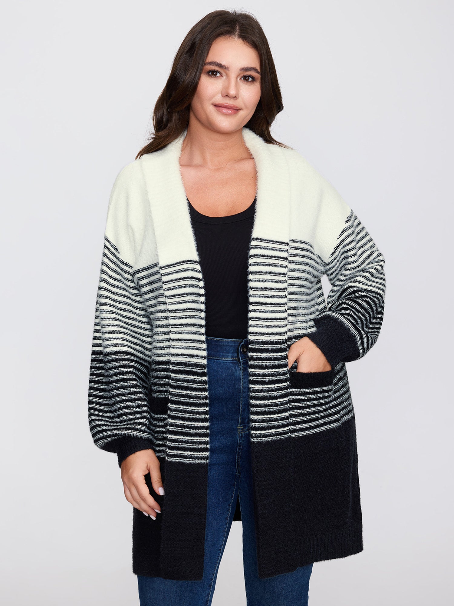 Colorblock Pockets Folded Collar Knit Cardigan