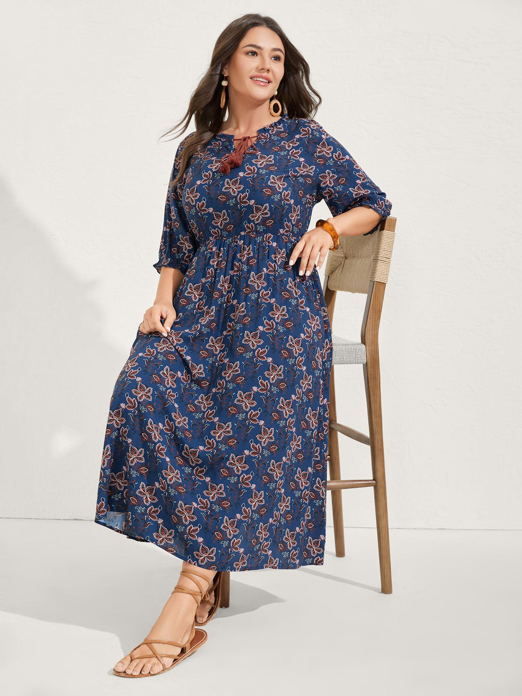 Boho Floral Neck Tie Midi Dress