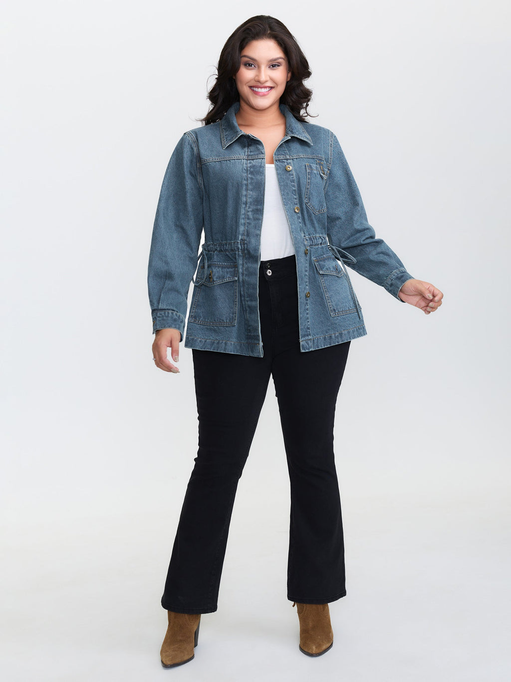 Adjustable Waist Drawstring Denim Jacket