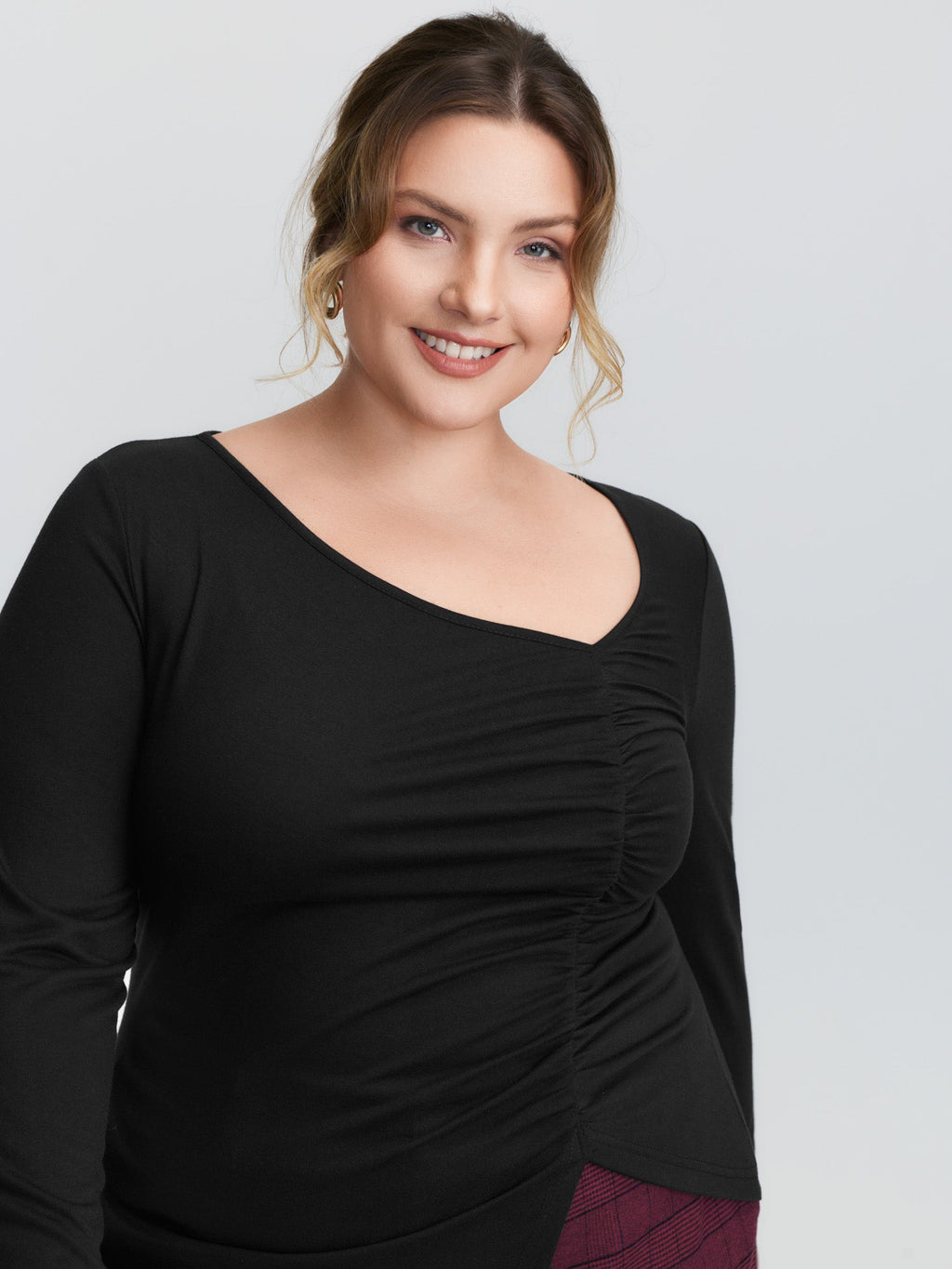 Asymmetrical Neckline Ruched Stretchy Knit Top