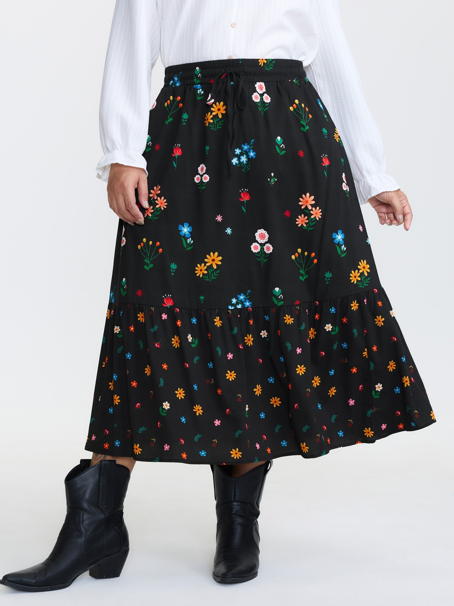Colorful Floral Print Drawstring Midi Skirt