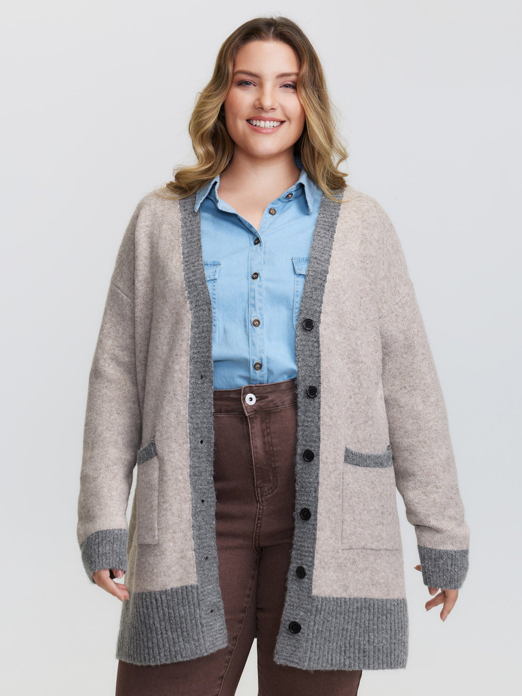 Color Contrast Buttons Pockets Knit Cardigan