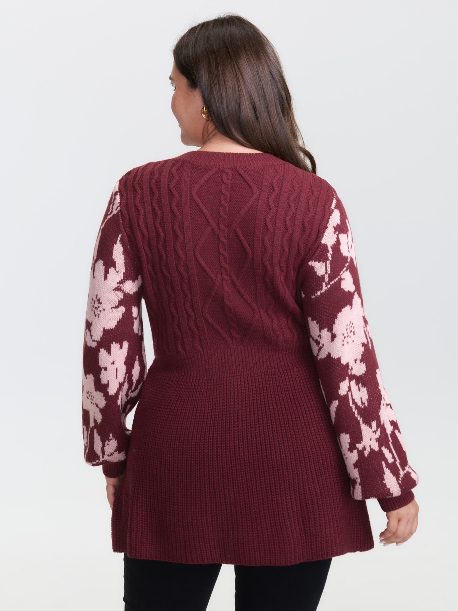 Cableknit Floral Cinched-Waist Pullover