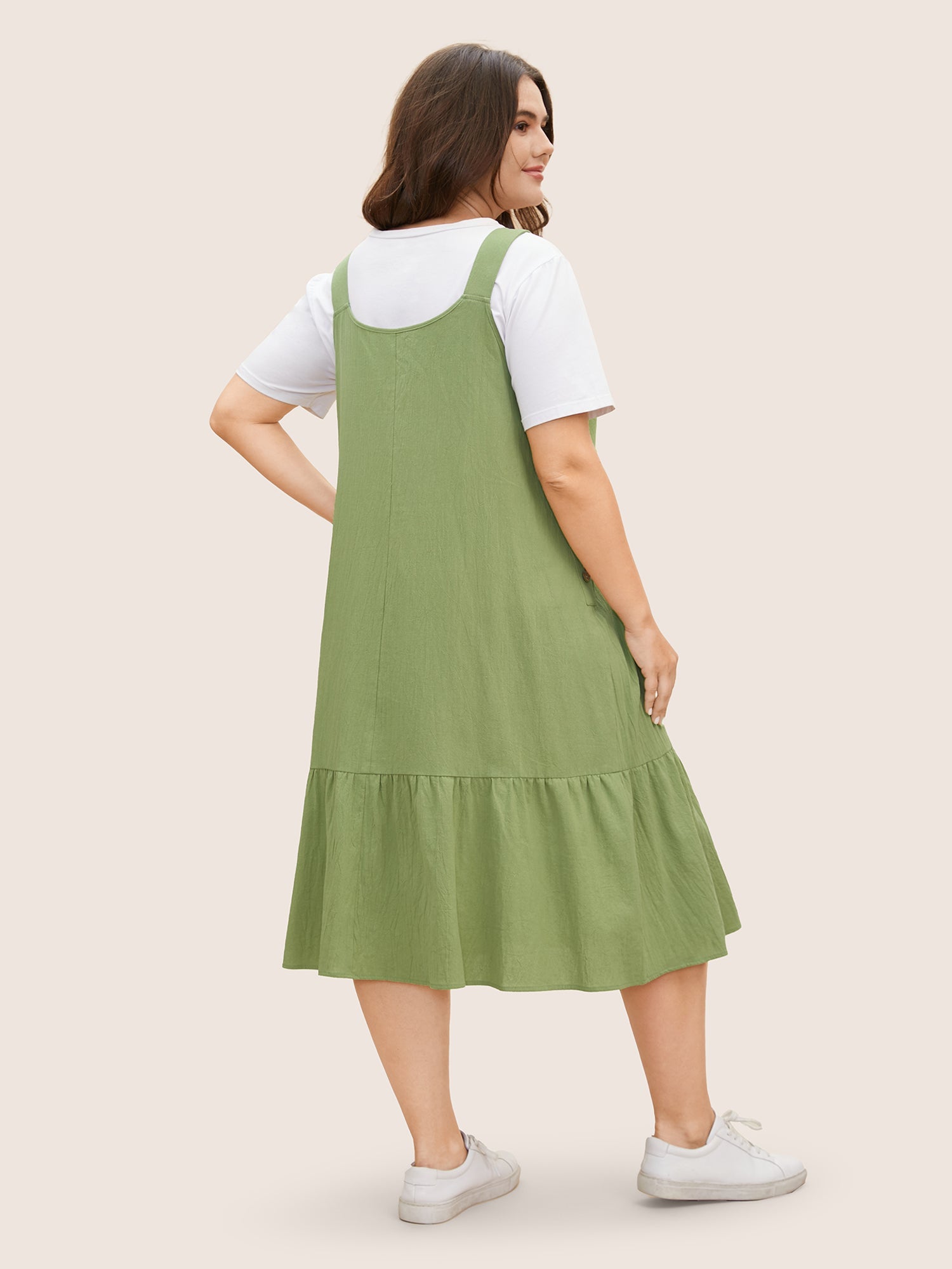 Cotton Square Neck Button Detail Patched Pocket Dress