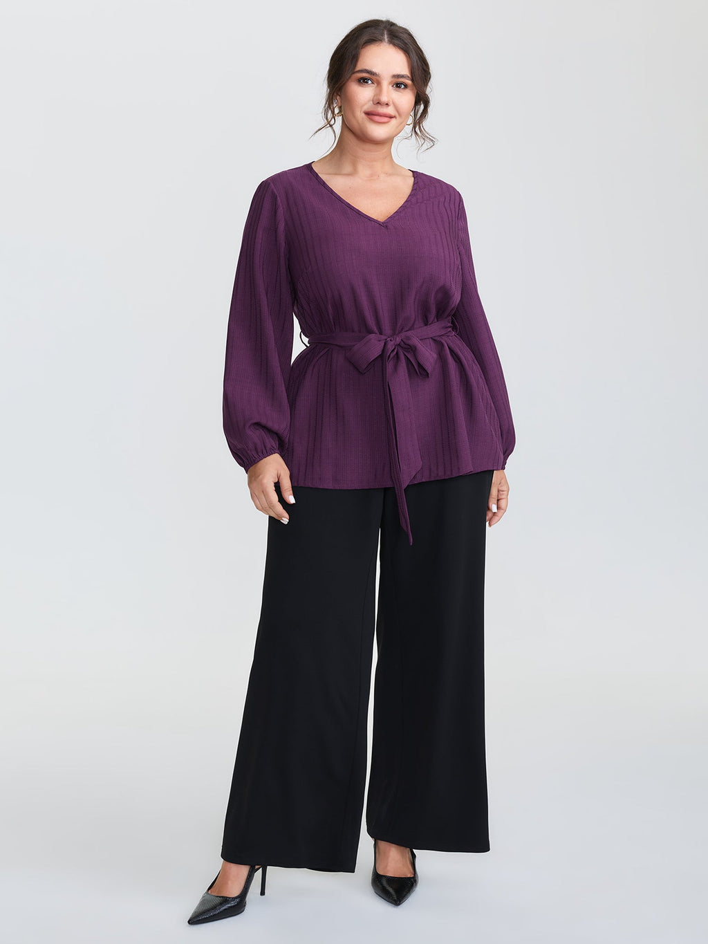 Textured Waist-Tie V-Neck Blouse