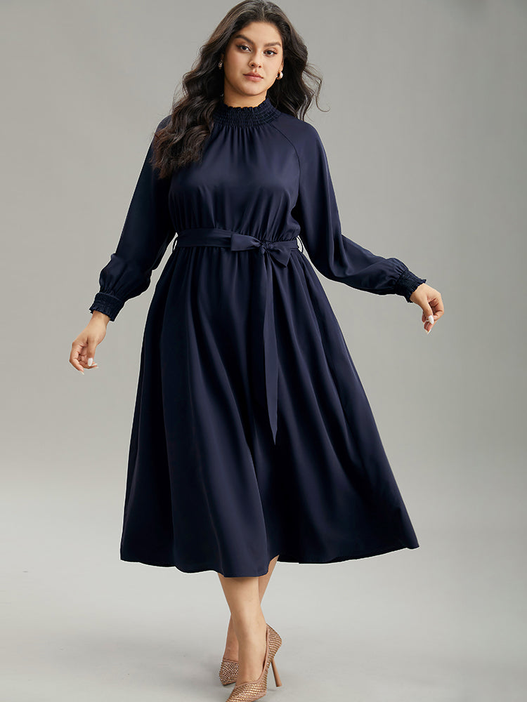 Anti-Wrinkle Plain Shirred Mock Neck Belted Dress