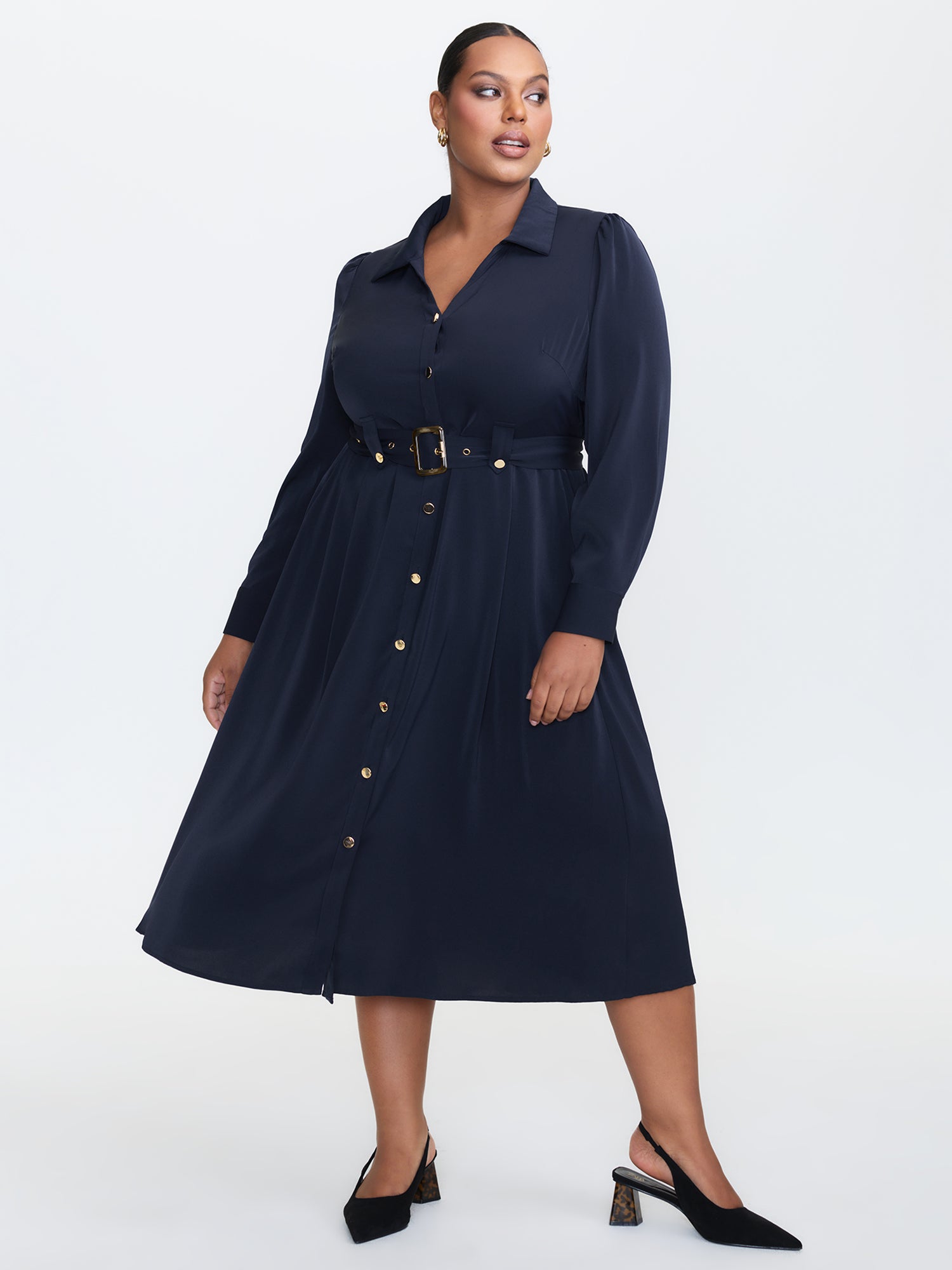Belted Waist Solid Midi Shirt Dress