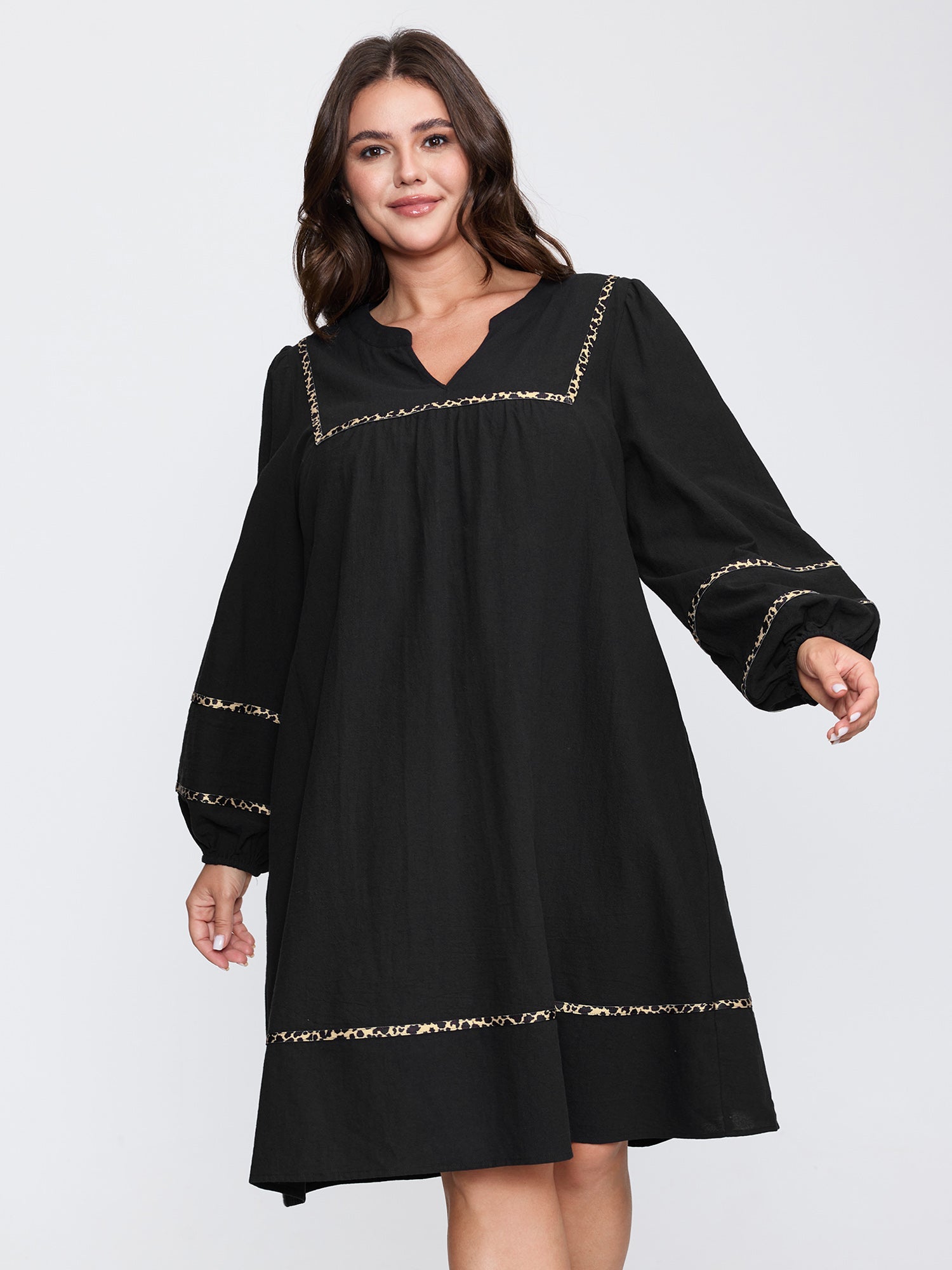 Cotton Leopard Print Notched Collar Midi Dress