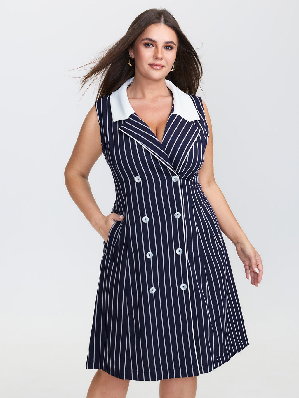 Color Contrast Stripe Double Button Midi Dress