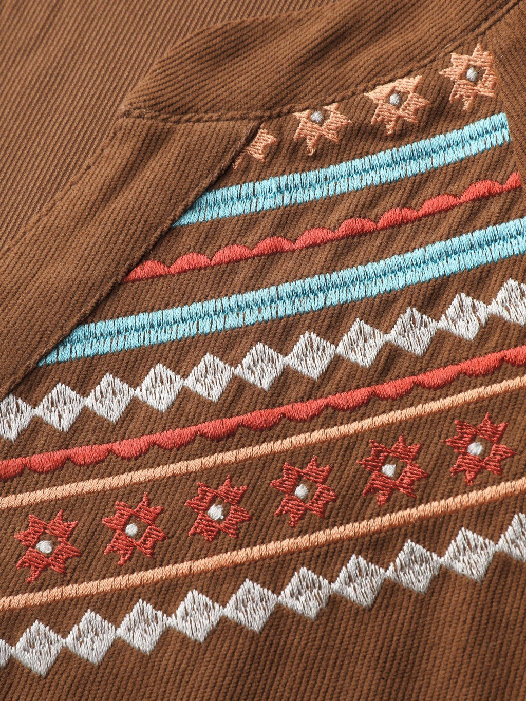 Corduroy Embroidered Pockets Button Midi Dress