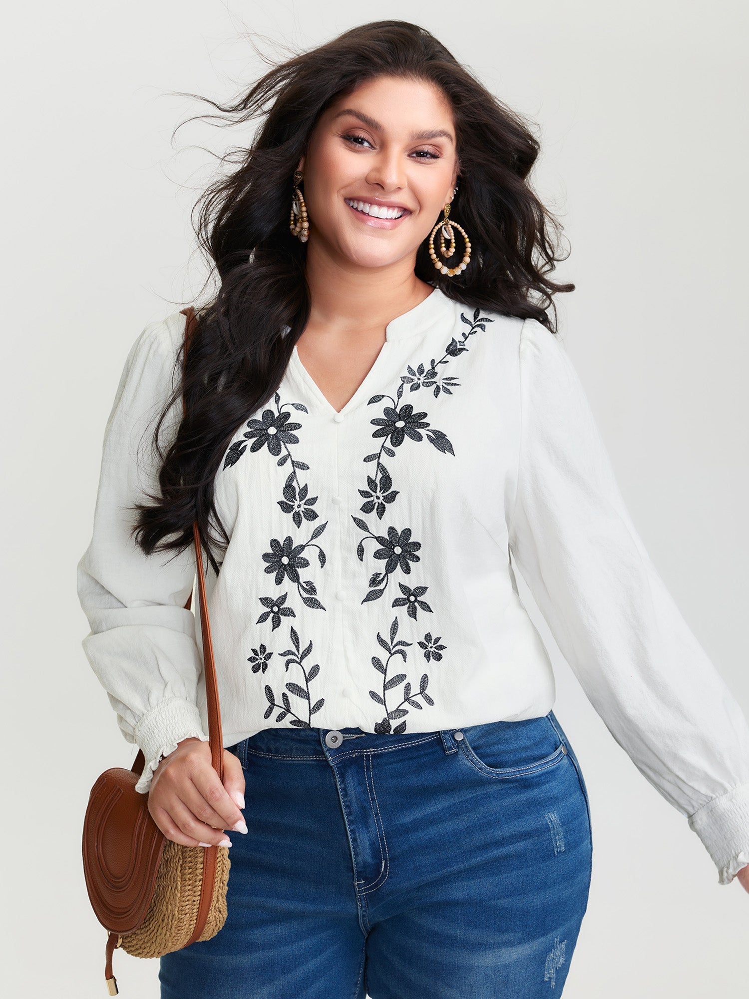 Cotton Floral Embroidery Shirred Blouse