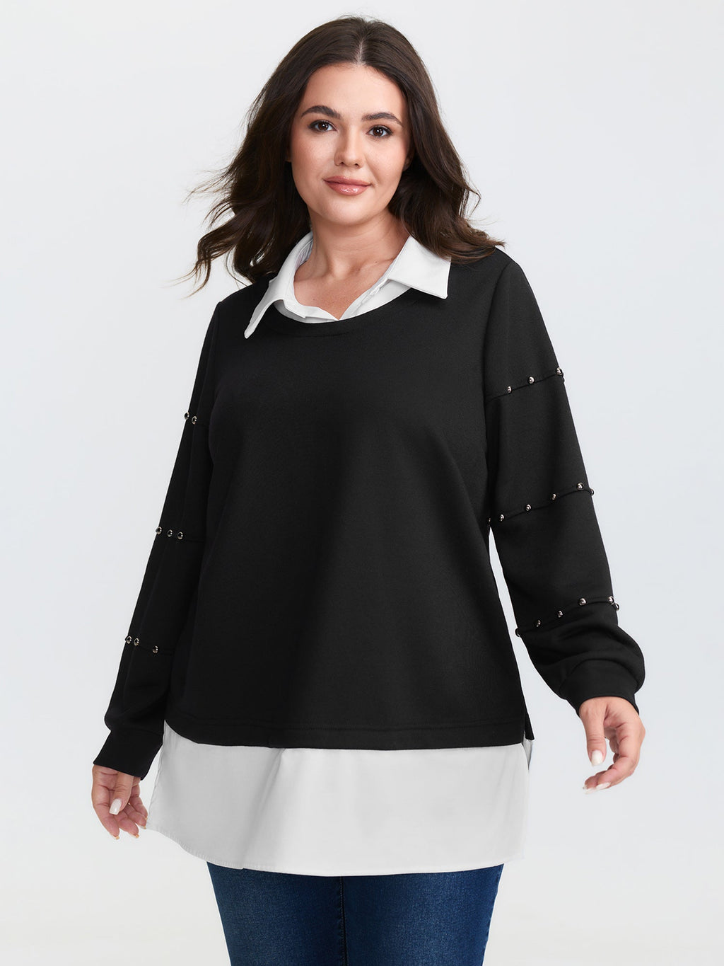 2-in-1 Layered Contrast Collar Sweatshirt