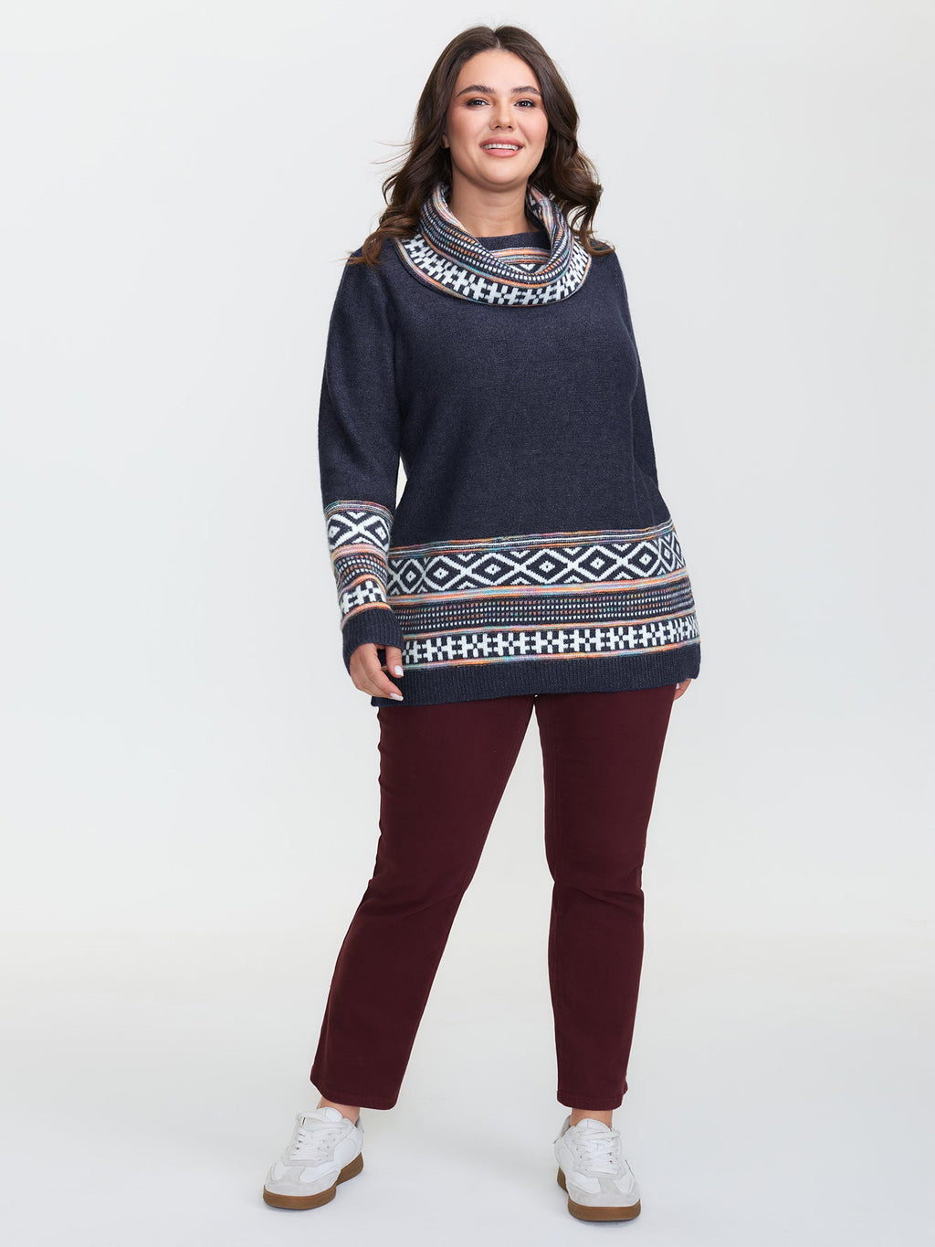 Boho Pattern Color Contrast Turtleneck Pullover