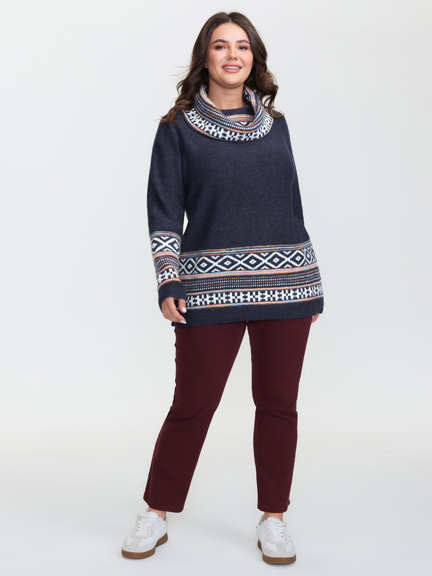Boho Pattern Color Contrast Turtleneck Pullover