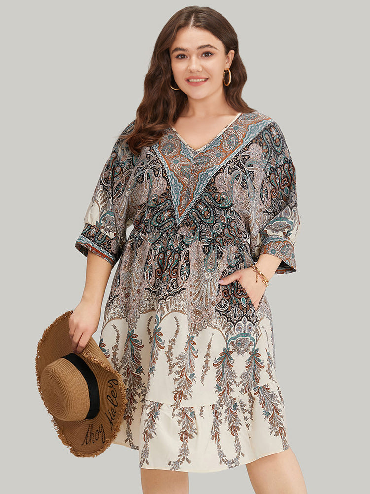 Bandana Print Pocket Elastic Waist Patchwork Dress