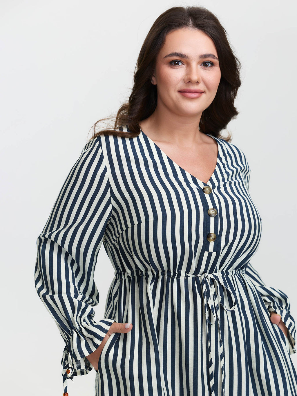 Rayon Stripe Pockets Drawstring Midi Dress