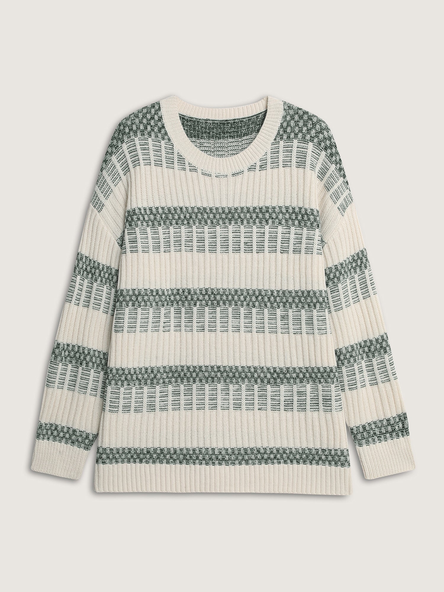 Color Stripes Textured Round Neck Pullover