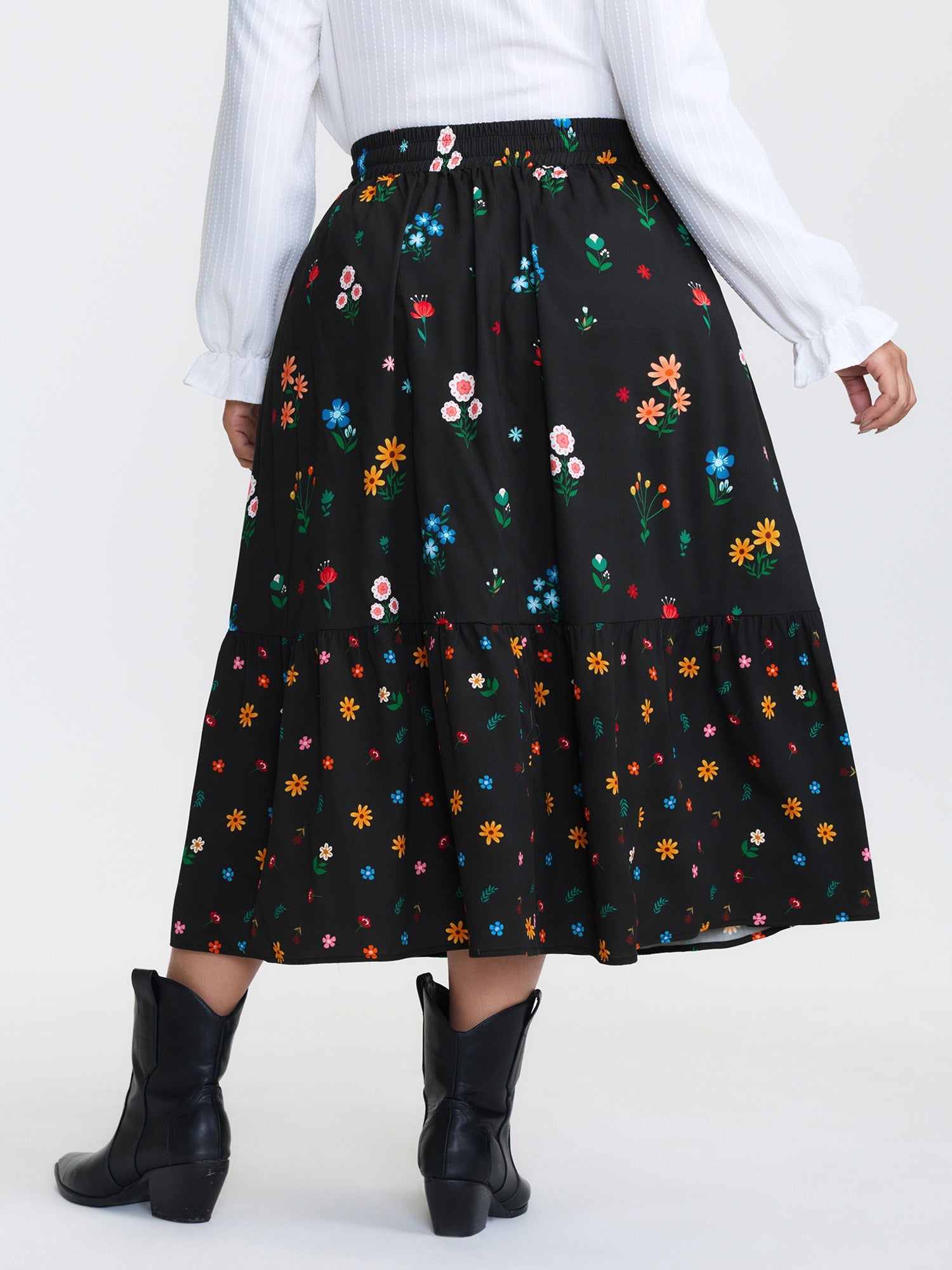 Colorful Floral Print Drawstring Midi Skirt