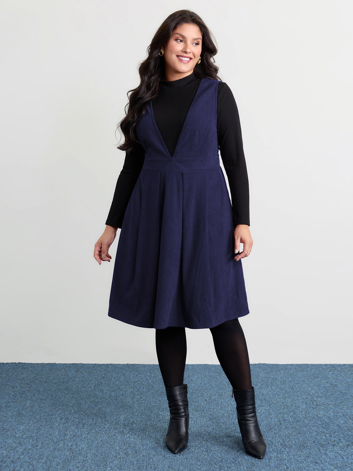 Corduroy Stretchy Waist V-Neck Midi Dress