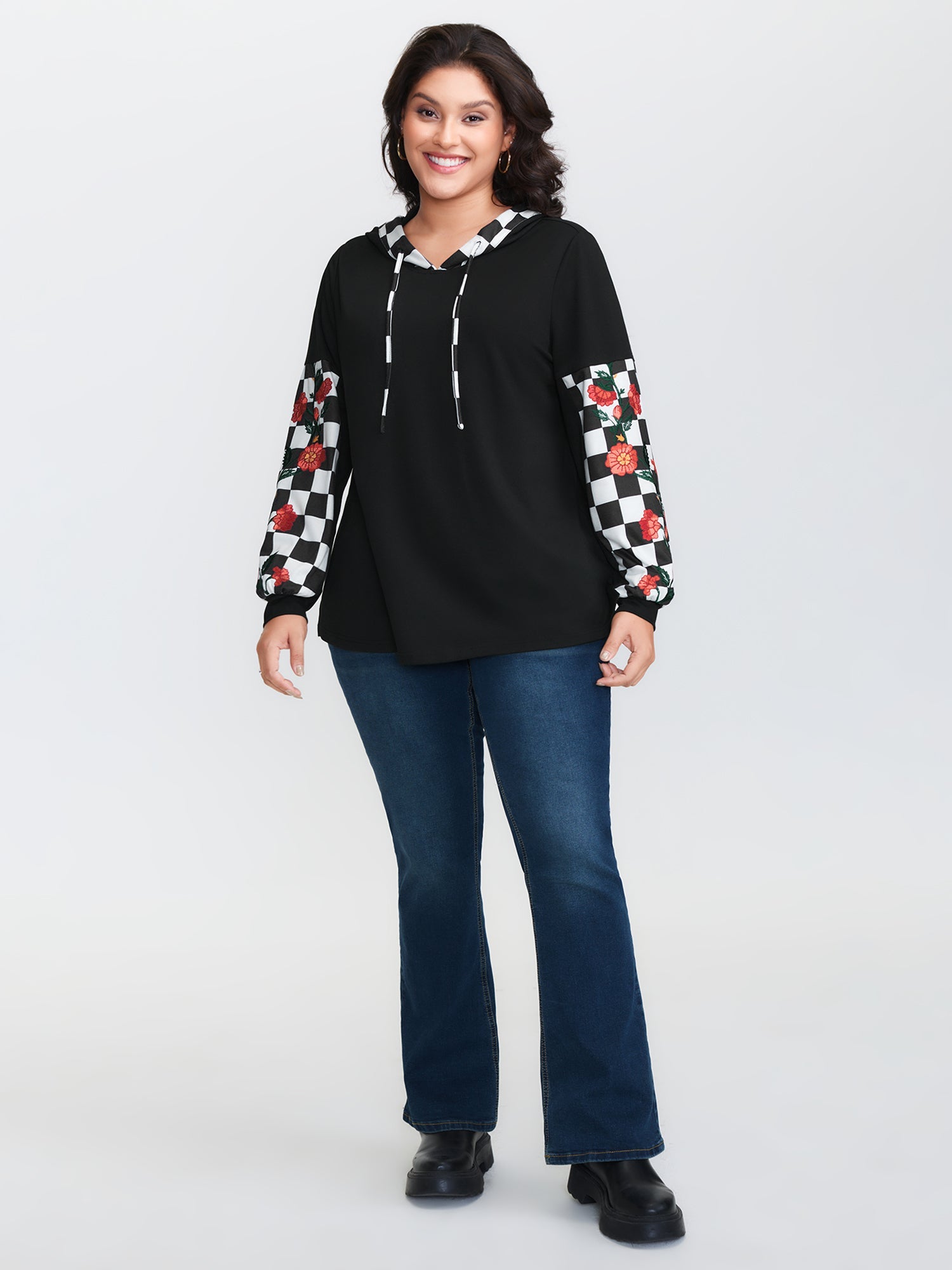Checkered Stretchy Color Contrast Hoodie