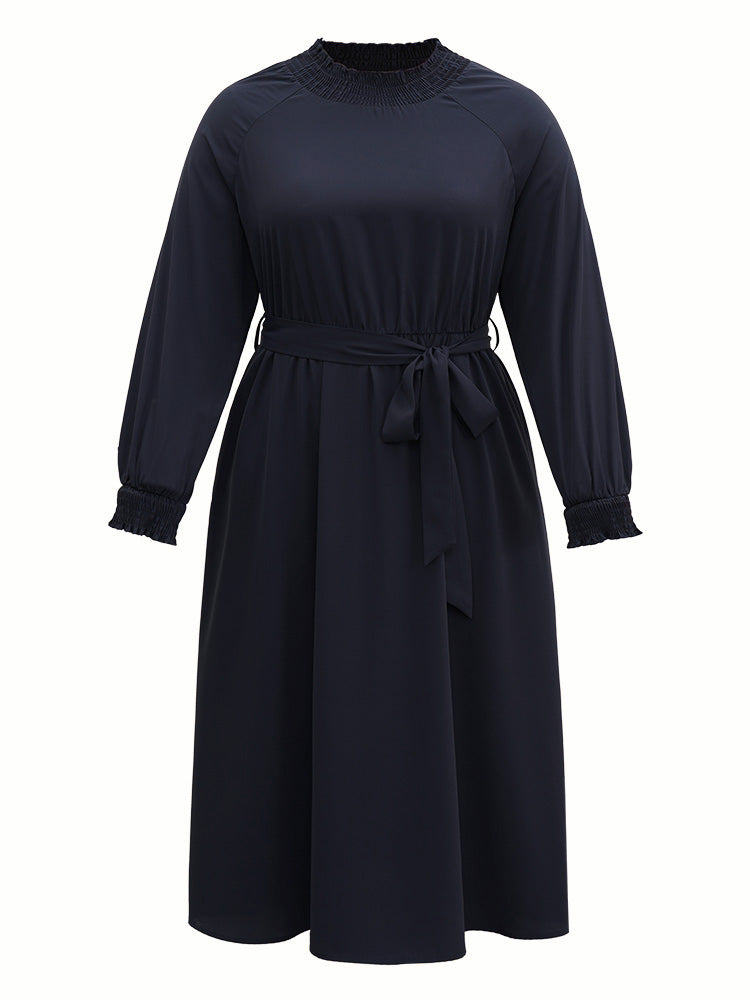 Anti-Wrinkle Plain Shirred Mock Neck Belted Dress