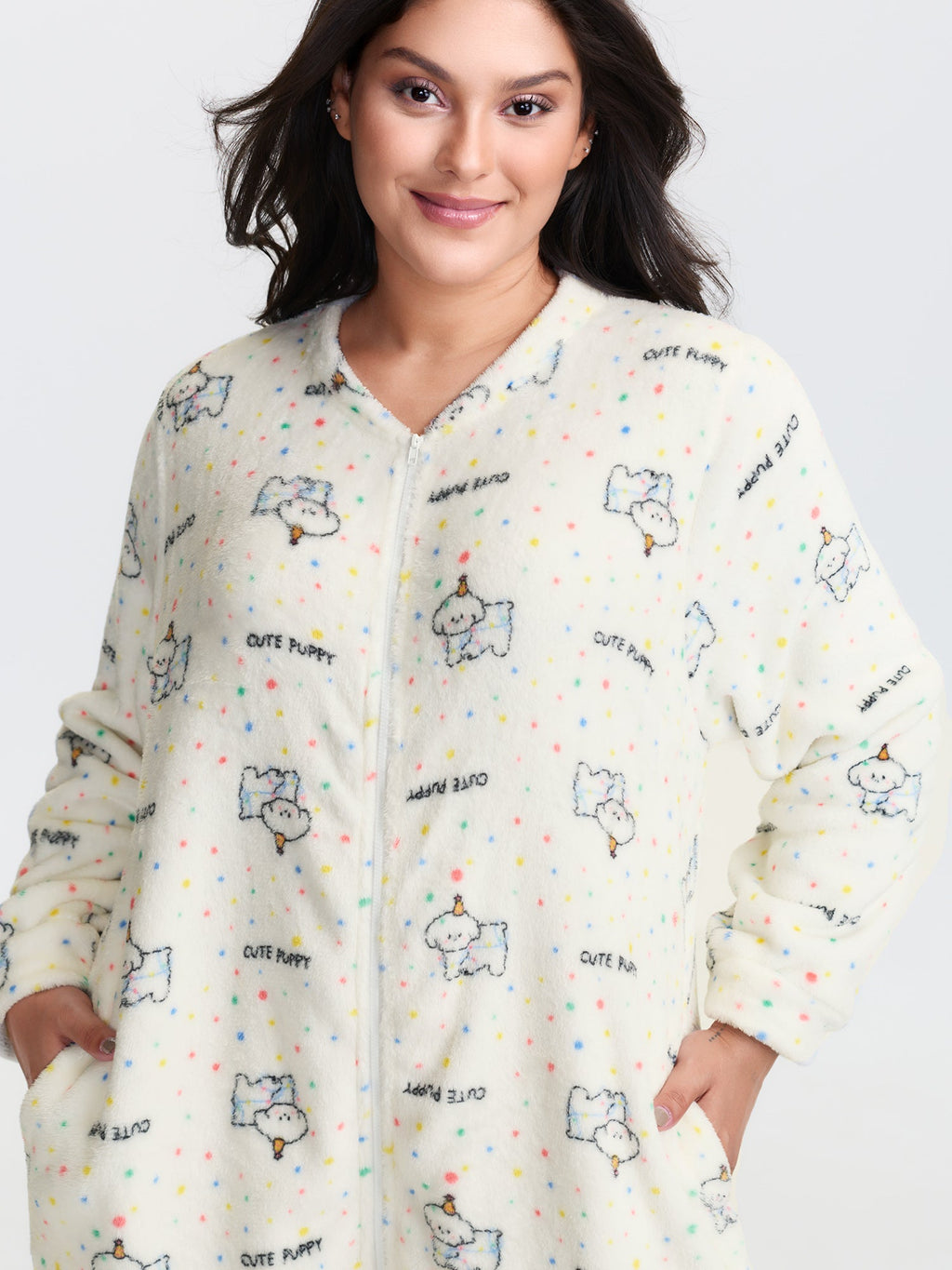 Cozy Puppy Print Zipper Front Lounge Jumpsuit