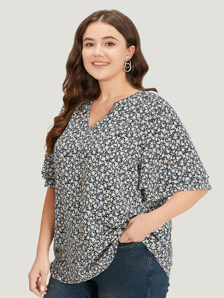 Ditsy Floral Notched Flutter Sleeve Blouse