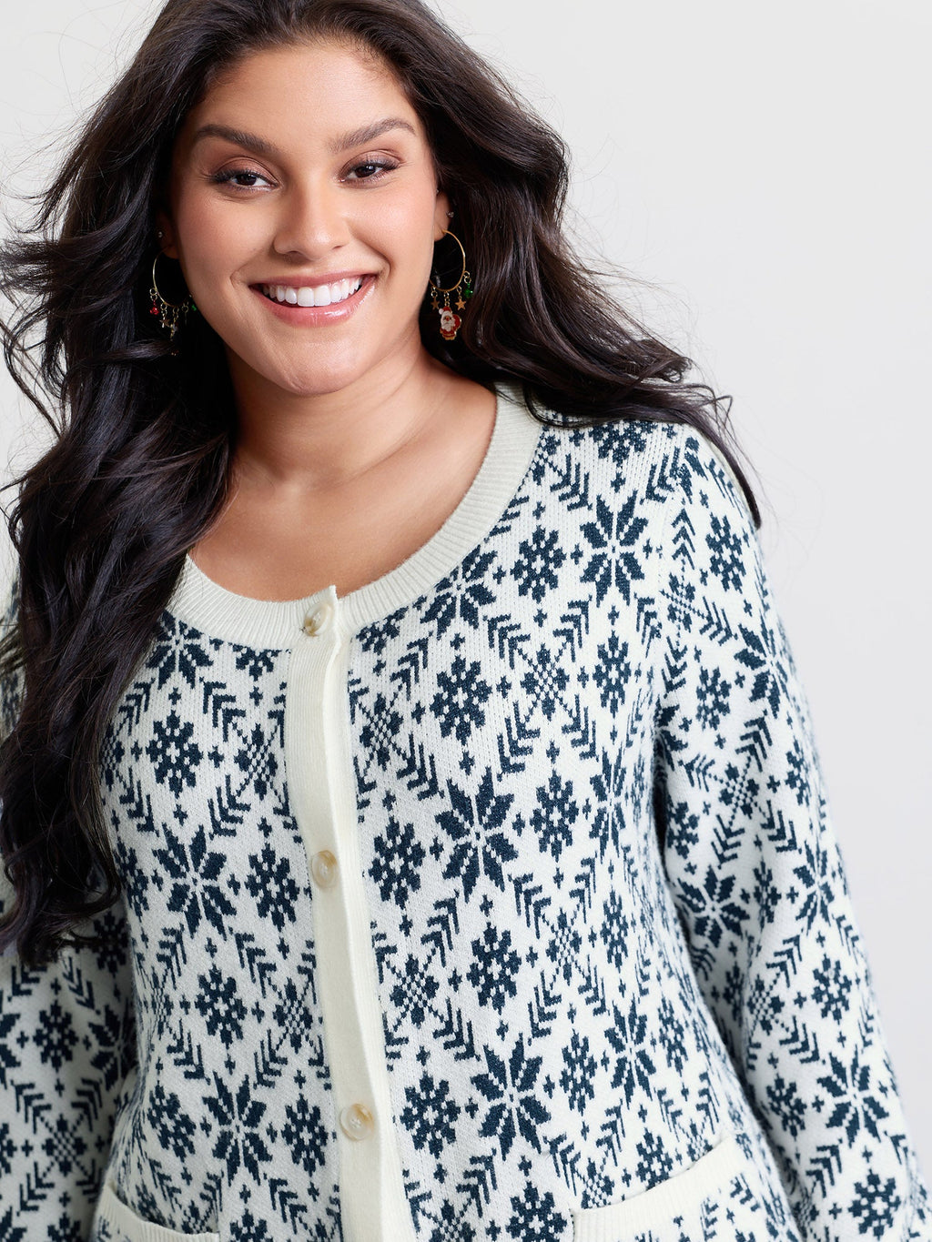 Supersoft Snowflake Jacquard Pattern Pockets Knit Cardigan