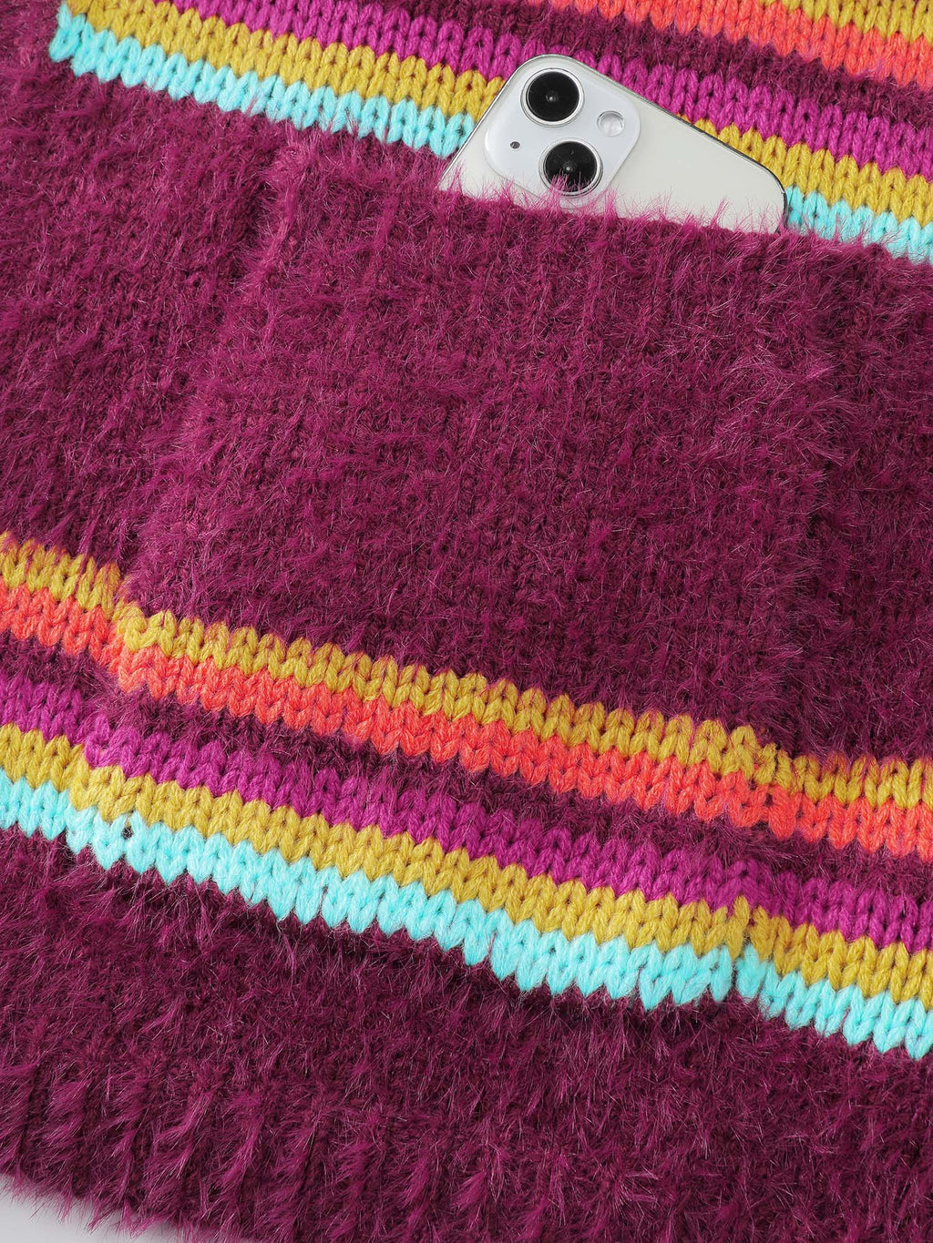 Colorful Stripe Furry Textured Knit Cardigan