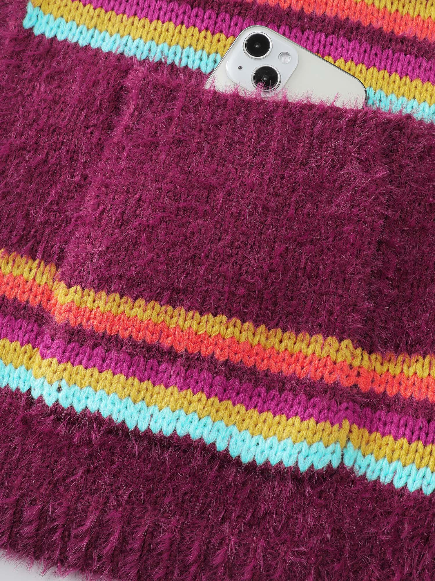 Colorful Stripe Furry Textured Knit Cardigan