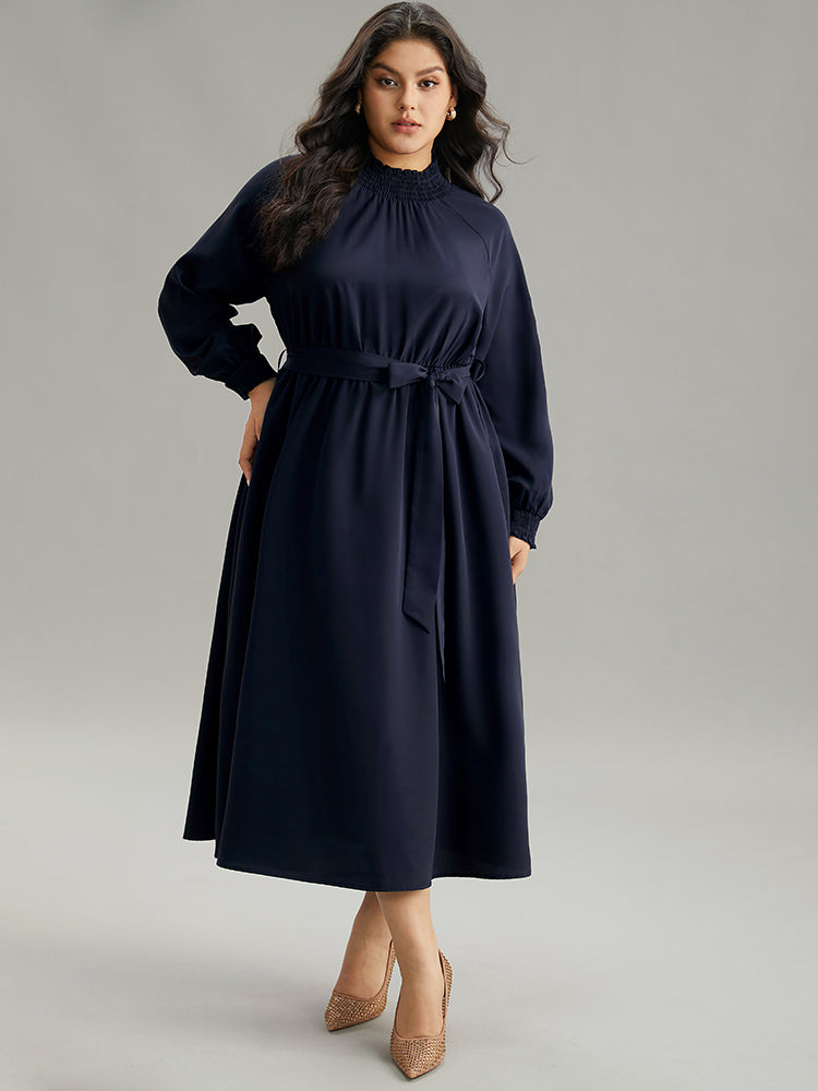 Anti-Wrinkle Plain Shirred Mock Neck Belted Dress