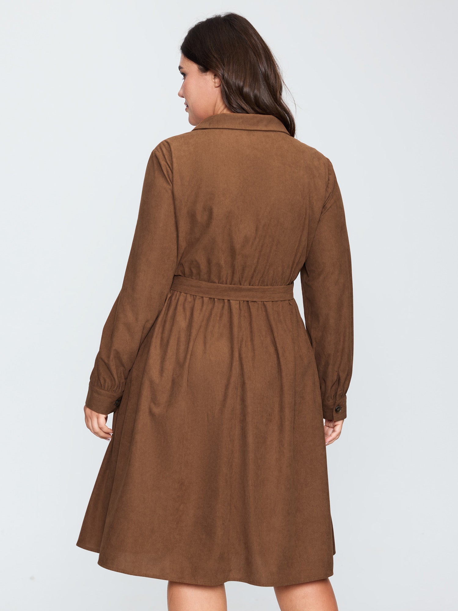 Corduroy Rivets Belted Waist Midi Shirt Dress