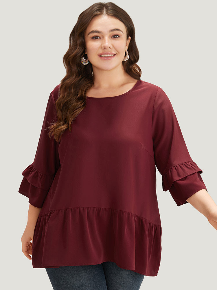 Anti-Wrinkle Plain Ruffle Layered Sleeve Crew Neck Blouse