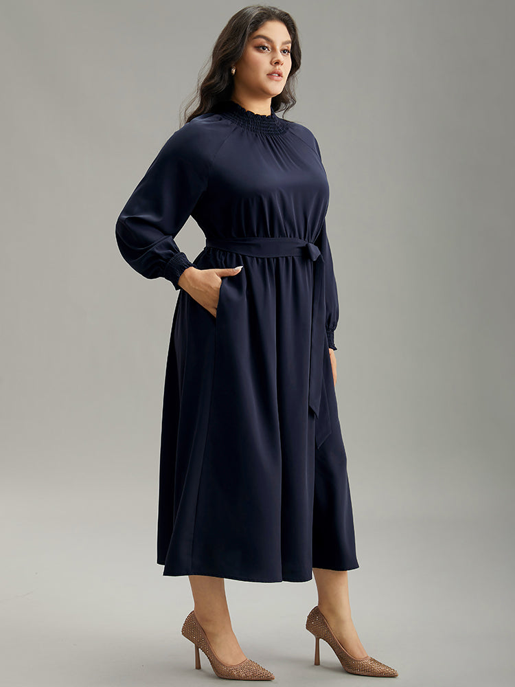 Anti-Wrinkle Plain Shirred Mock Neck Belted Dress