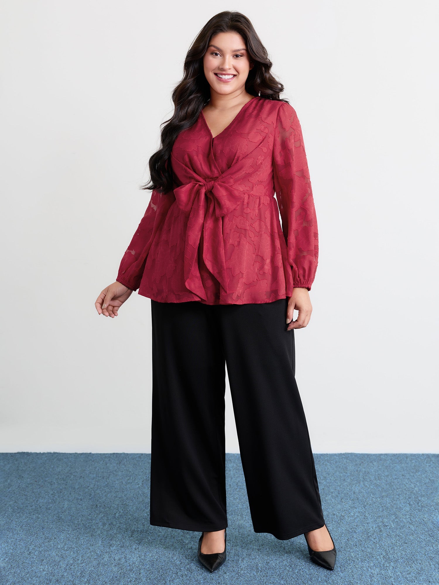 Cut-Out Flower Adjustable Belt Blouse