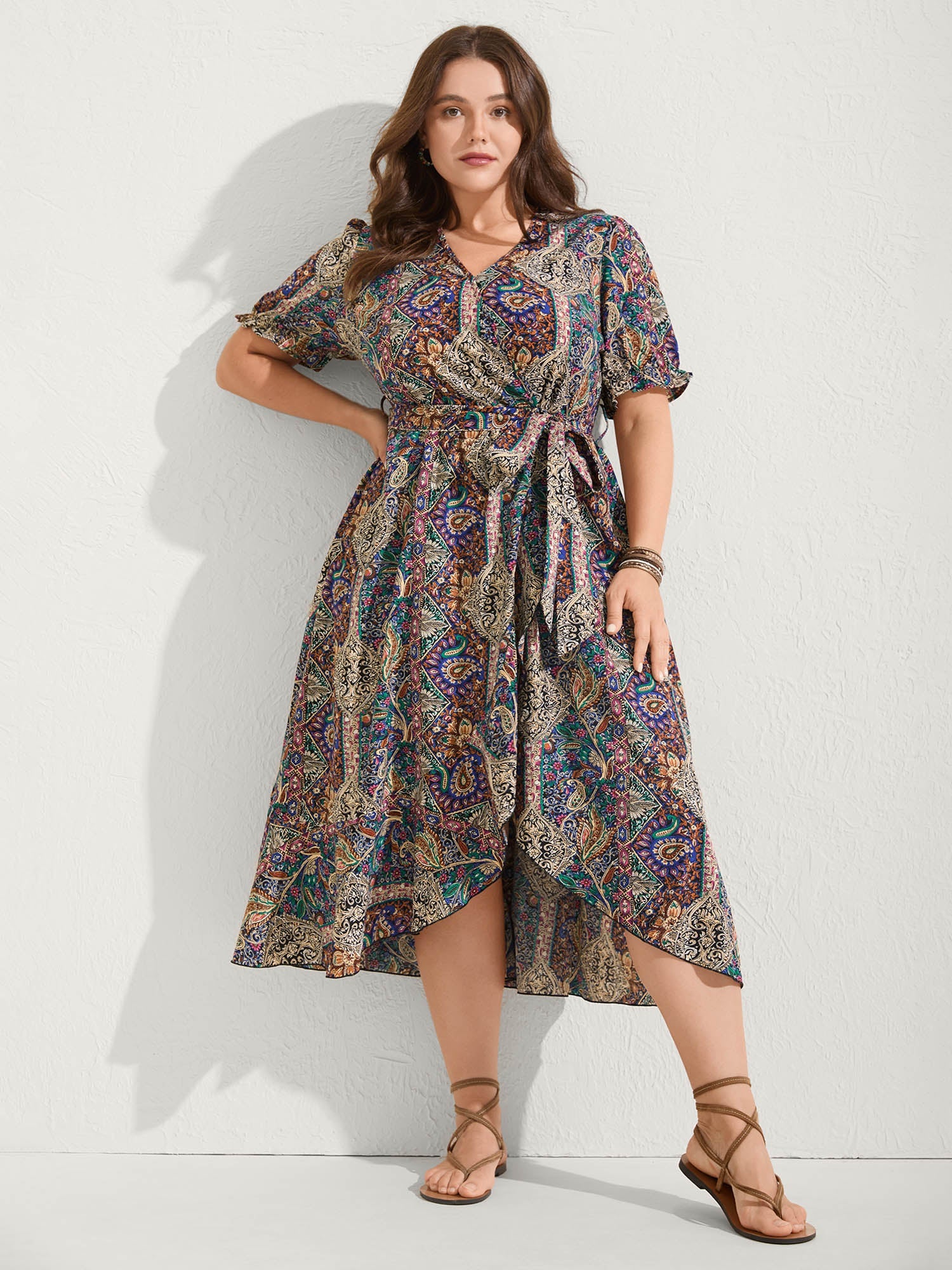 Boho Print Overlap Hem Belted Midi Dress