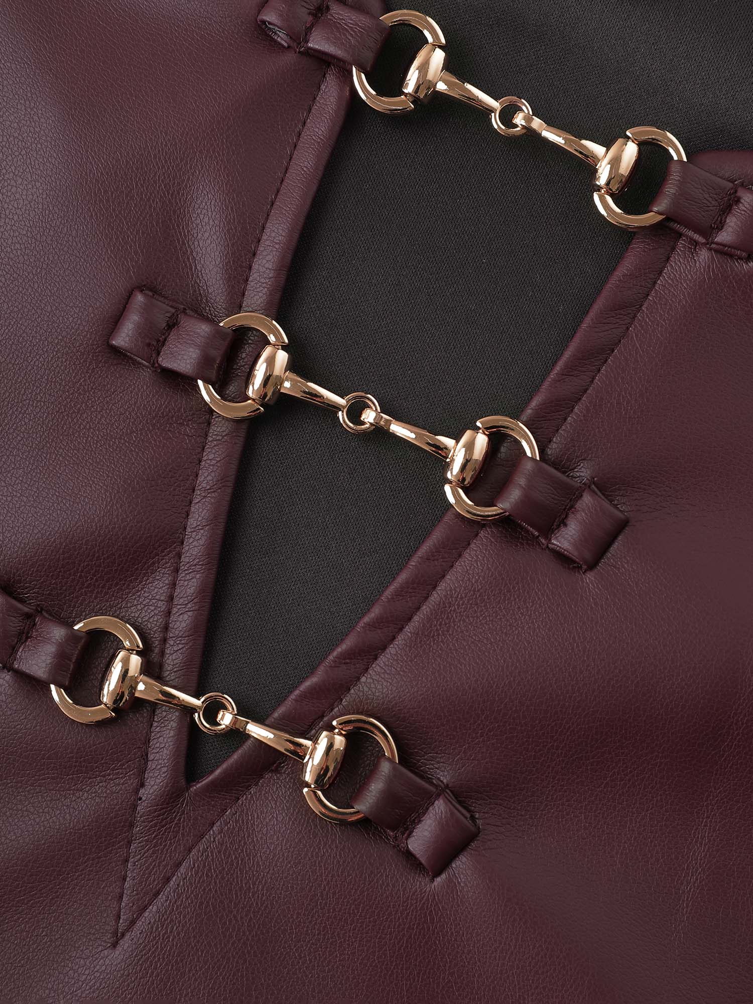 Artificial Leather Metal Detail Neckline Midi Dress