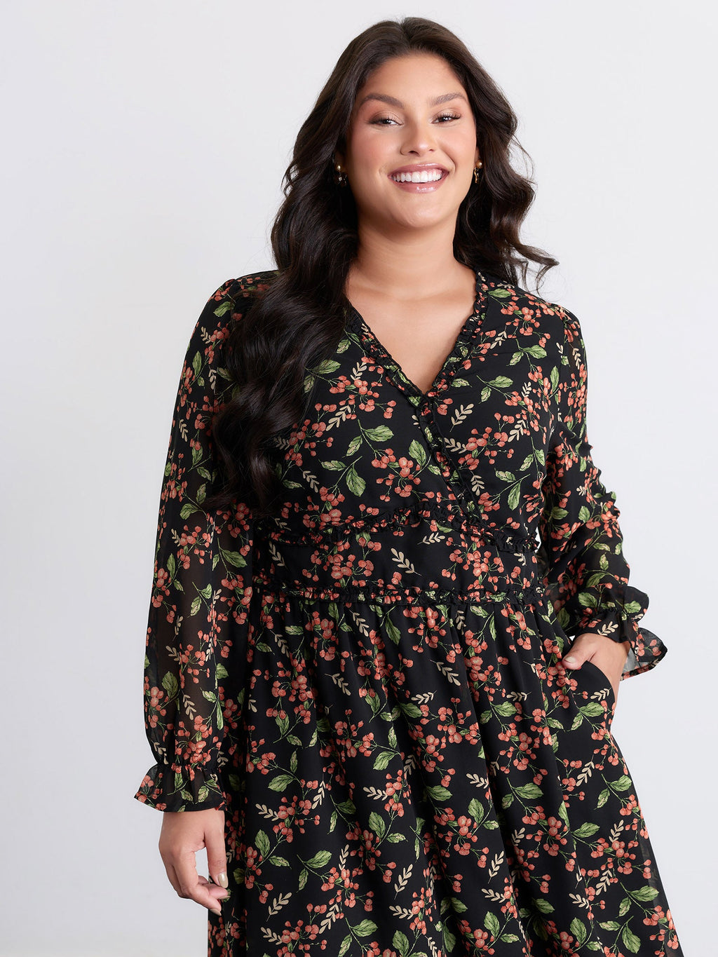Chiffon Floral Ruffled Trim Pockets Midi Dress