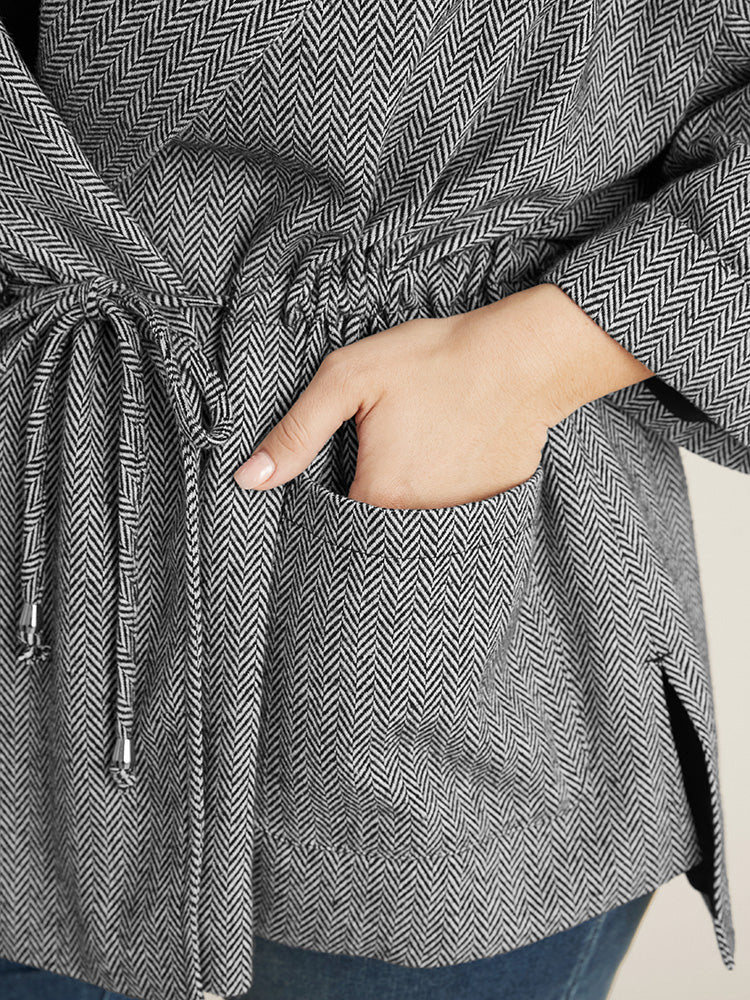 Chevron Pattern Pocket Split Hem Drawstring Coat