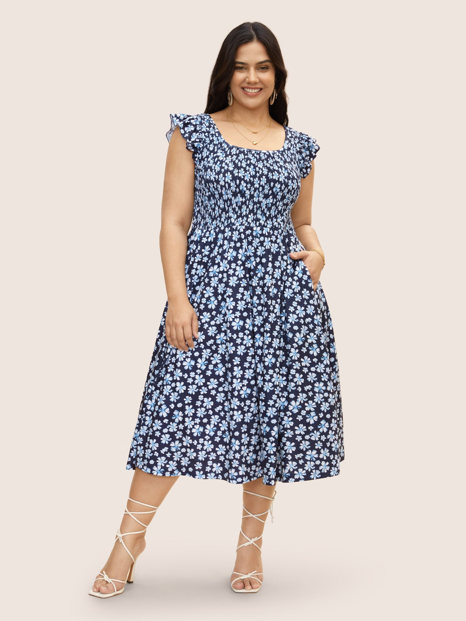 Ditsy Floral Shirred Ruffle Trim Midi Dress