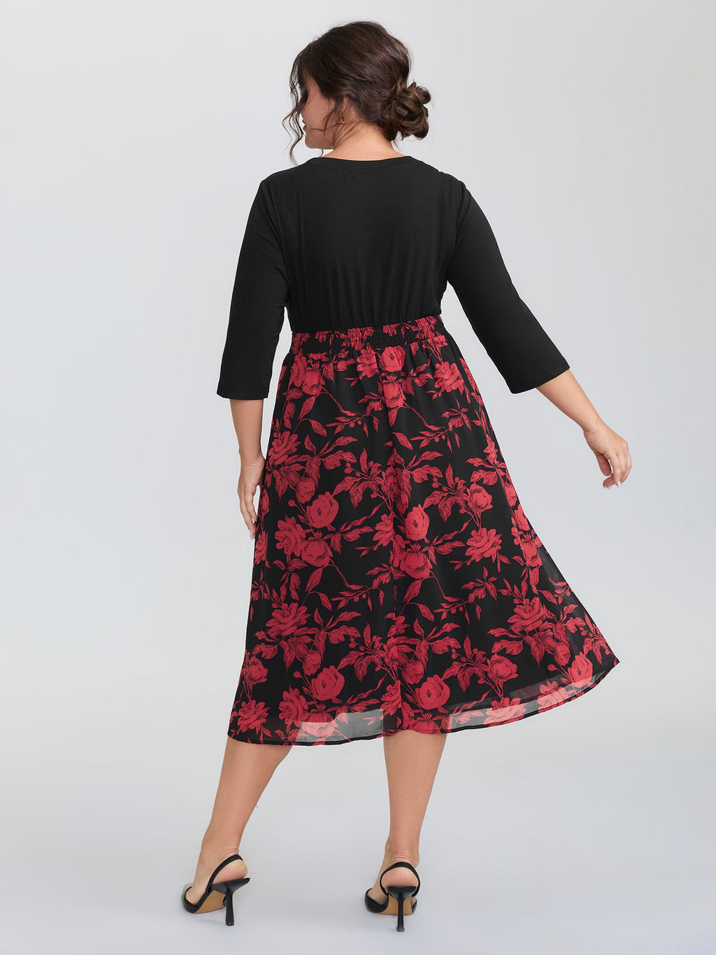 Floral Shirred Waist Color Contrast Midi Dress