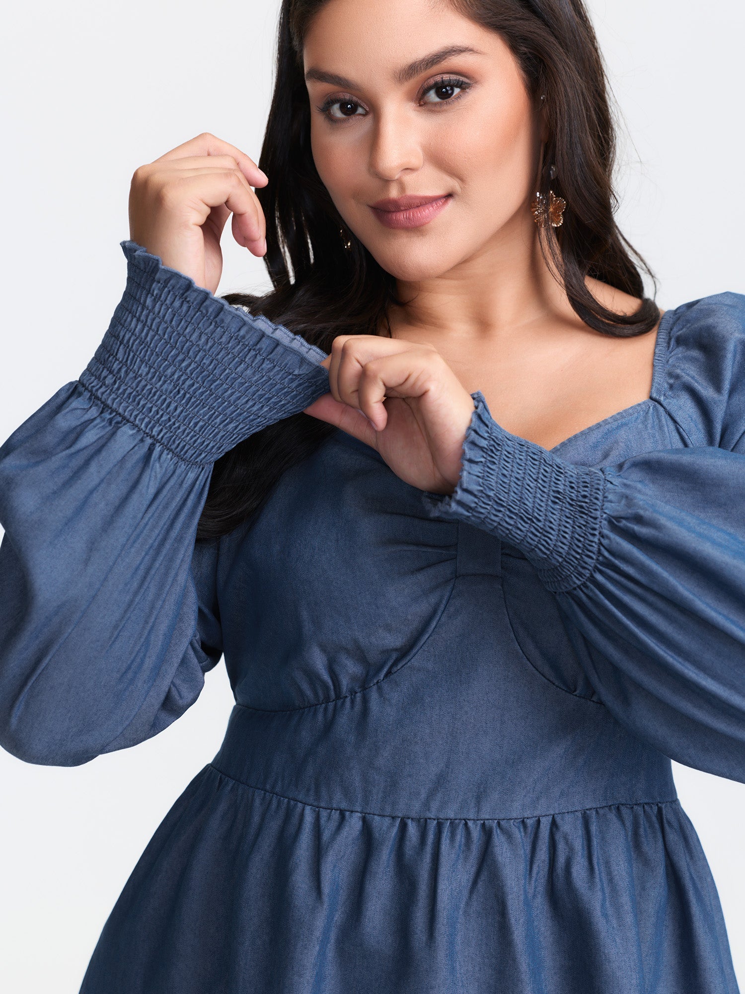 Denim Shirred Back Sweetheart Neck Blouse