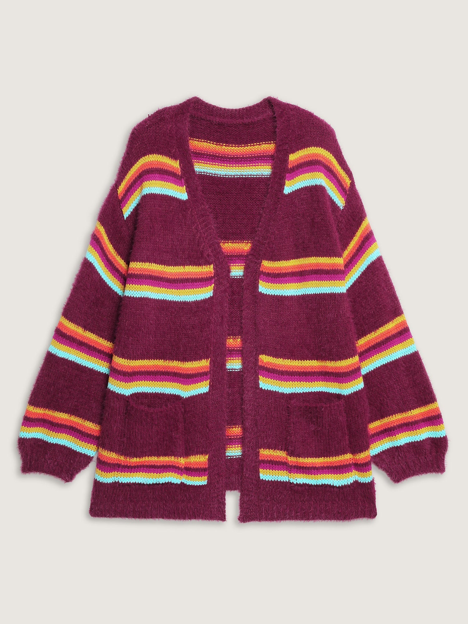 Colorful Stripe Furry Textured Knit Cardigan