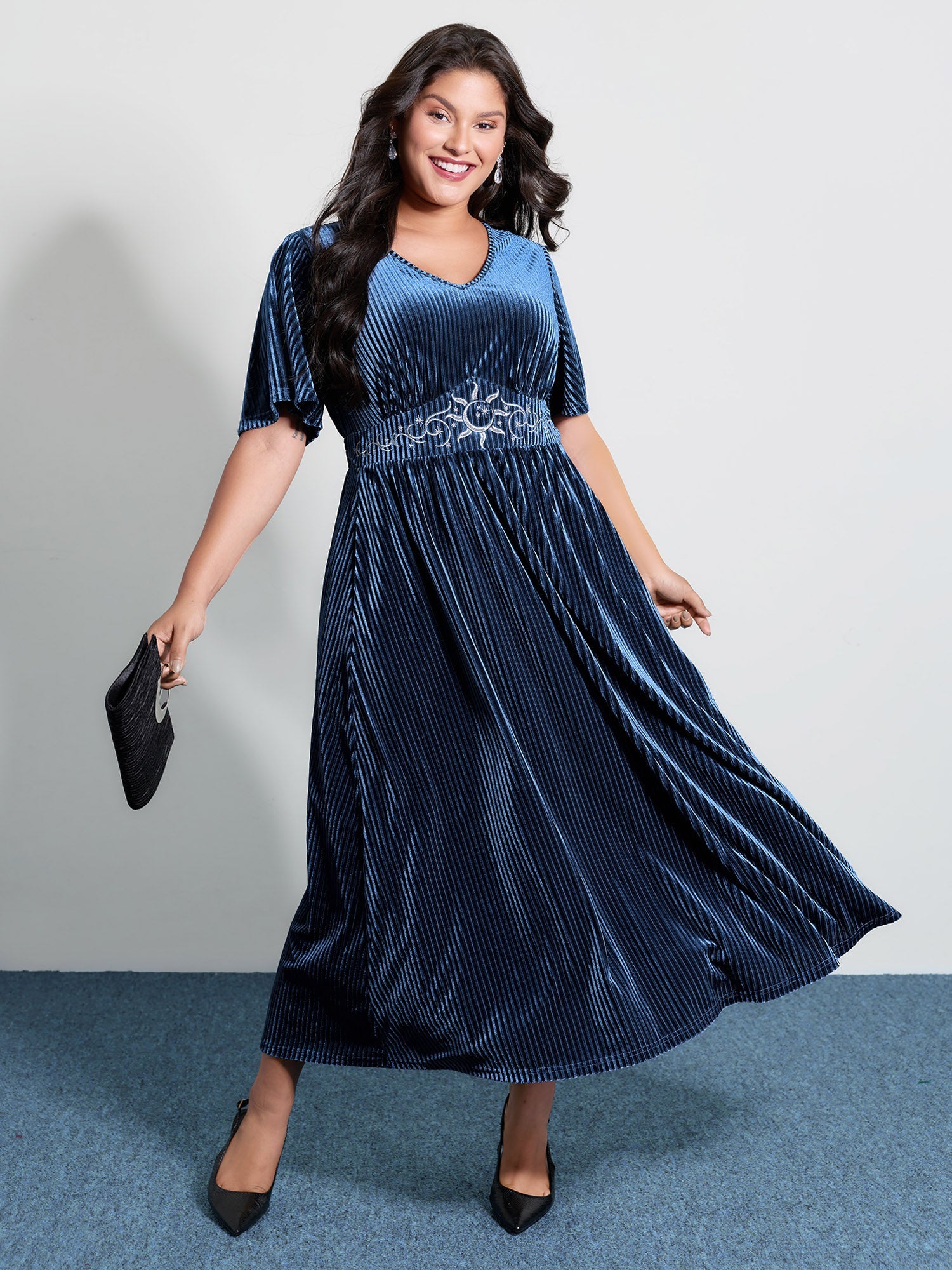 Starry Moon Embroidery Shirred Maxi Dress
