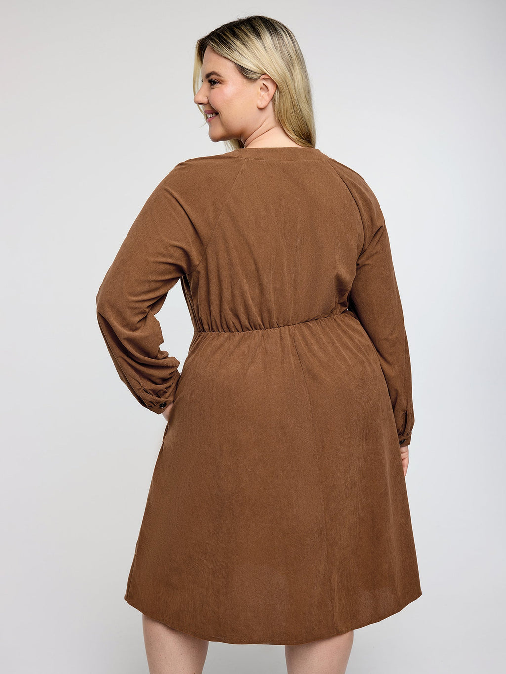 Corduroy Embroidered Pockets Button Midi Dress