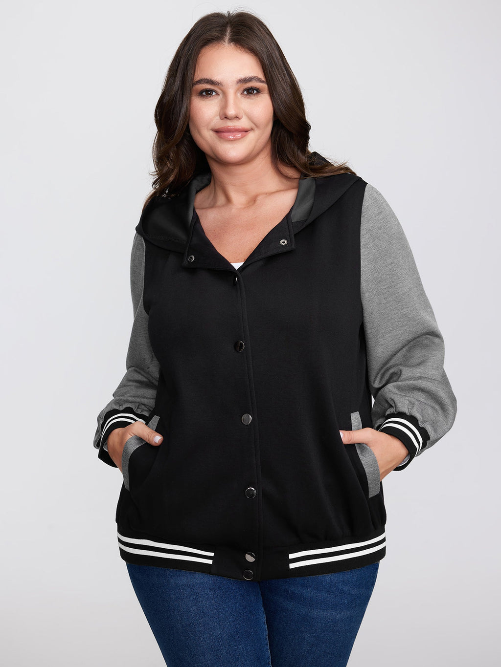 Colorblock Pockets Button Hooded Jacket