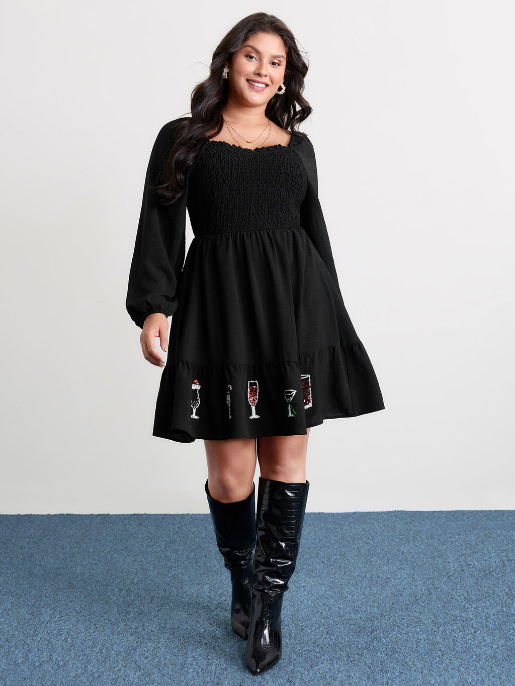 Colorful Sequin Embroidery Tiered Knee Dress