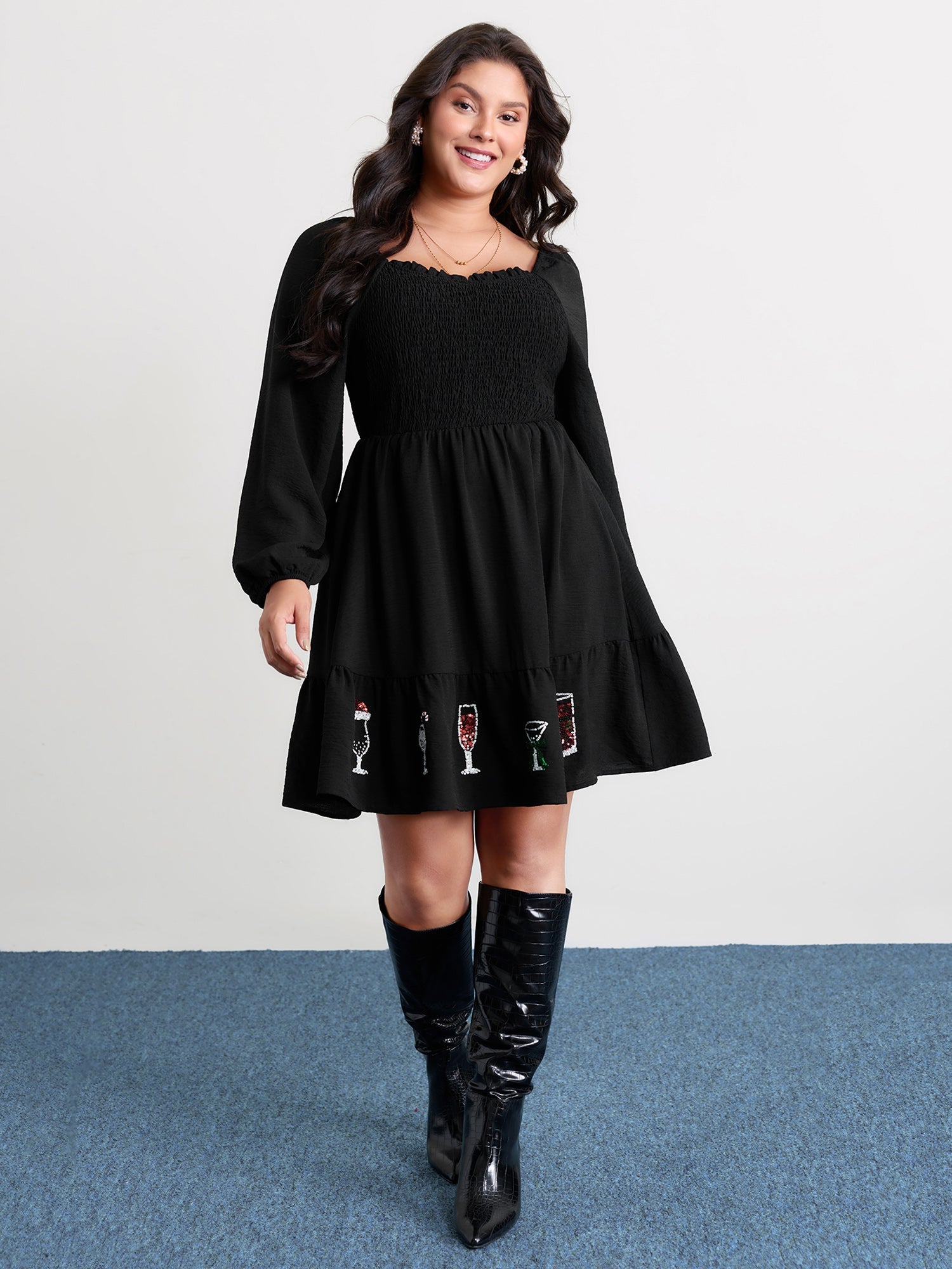 Colorful Sequin Embroidery Tiered Knee Dress